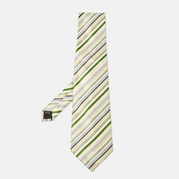 Boss By Hugo Boss Green/yellow Diagonal Striped Silk Traditional Tie